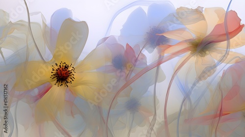 An artistic illustration of imaginary wild flowers on a light background.  Generative AI 