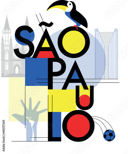 Typography word "Sao Paulo" branding technology concept. Collection of flat vector web icons, culture travel set, famous architectures and specialties detailed silhouette. Brazilian famous landmark.