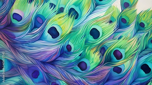 An abstract watercolor pattern inspired by the intricate details and vibrant colors of a peacock's feathers (Generative AI)
