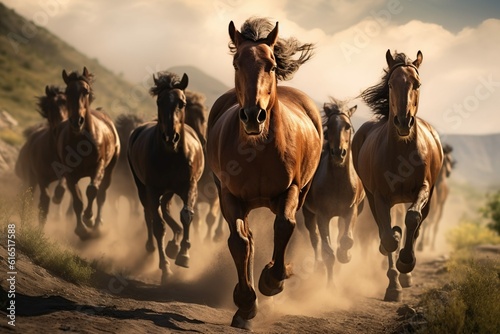 Brown Horse herd run, Generative ai © dhiyaeddine