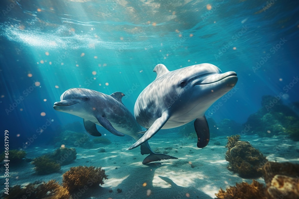 Fototapeta premium Couple dolphins swimming underwater shot, Generative ai
