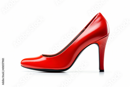 Side view of single elegant red high heel woman shoe on white background