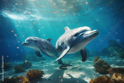Couple dolphins swimming underwater shot  Generative ai