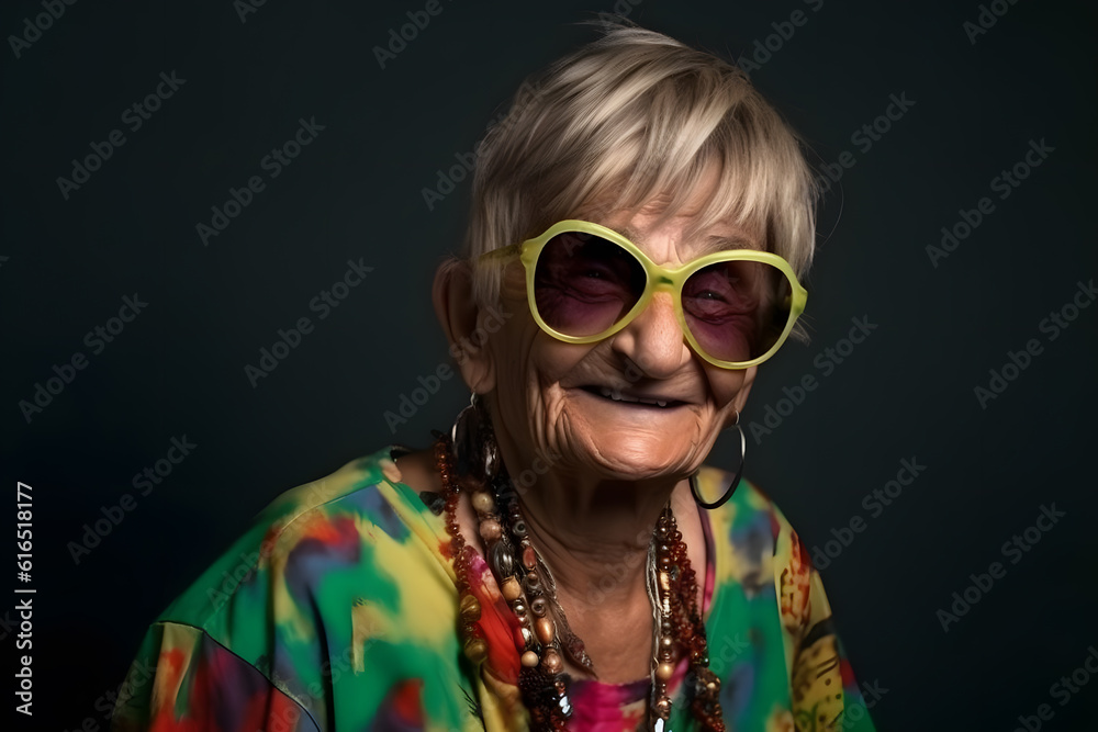 Funny old woman with a hip-hop haircut and a hip-hop outfit. Generative AI