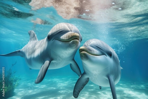 Couple dolphins swimming underwater shot, Generative ai
