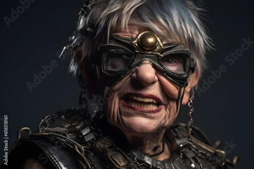 Funny old woman with a heavy-metal haircut and a heavy-metal outfit. Generative AI