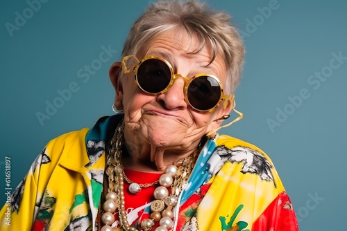 Funny old woman with a hip-hop haircut and a hip-hop outfit. Generative AI