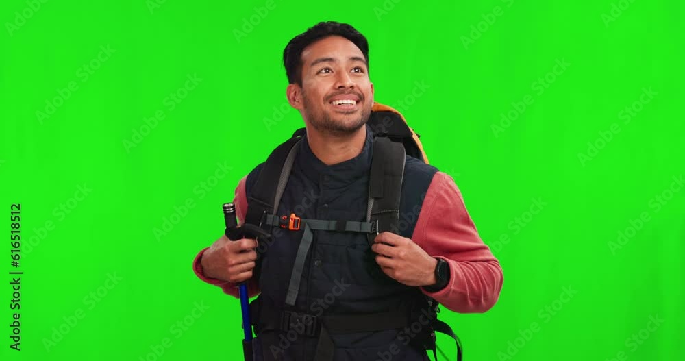 Backpack, green screen and man hiking for travel adventure, eco