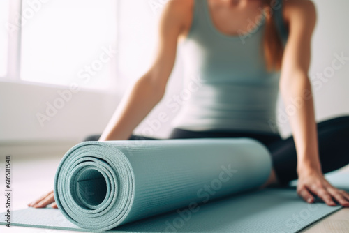 Young woman rolling yoga mat at home, close up