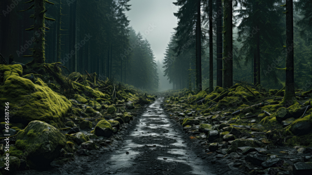 Obraz premium Forest Landscape Of Coniferous Trees For Backgrounds And Wallpapers Created With The Help Of Artificial Intelligence