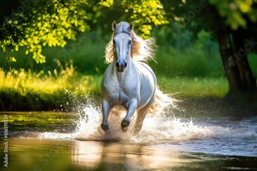 white horse running in the water