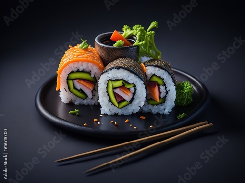 Delicious sushi roll on a plate with chopsticks and soya Sauce.Generative AI.