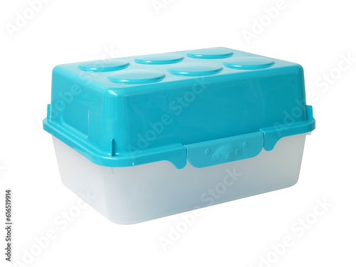 translucent plastic storage box with pastel blue lid lock isolated on white