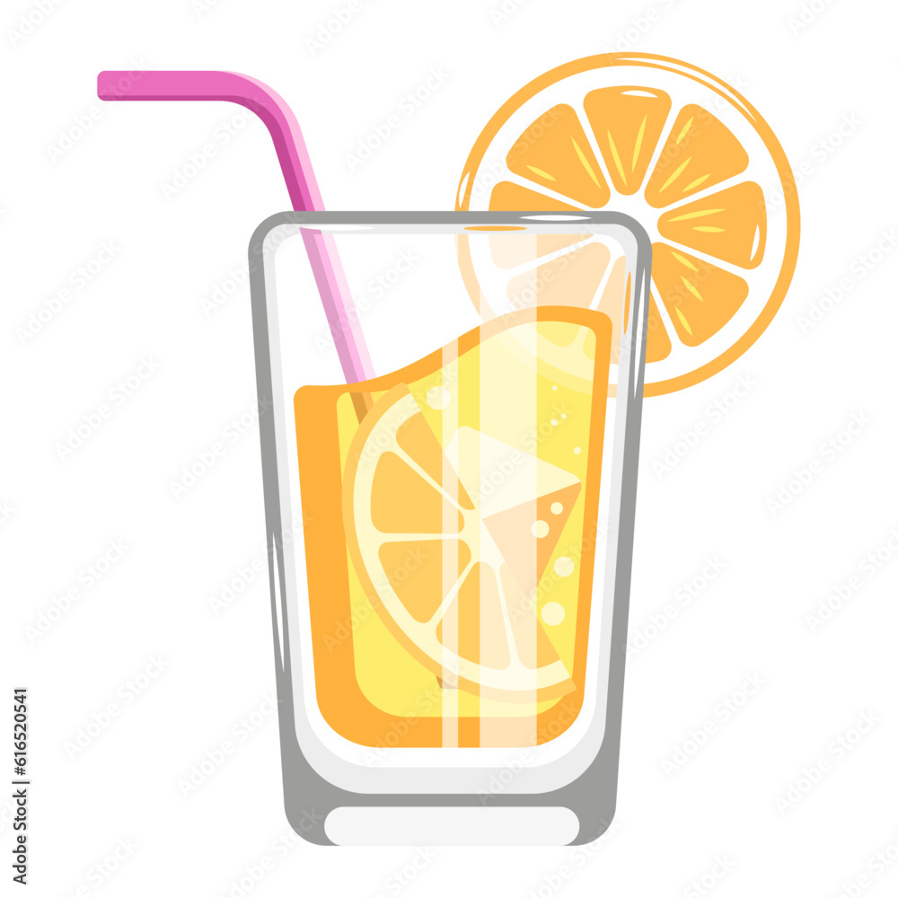 Orange citrus juice in a glass with an orange slice on ice and a drinking straw. Vector illustration. Orange citrus juice in a glass with an orange slice on ice and a drinking straw. Vector illustration.