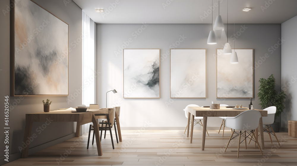 A 3D mockup of canvas frames adorning the walls of a modern office, meeting room interior, or show, Created with AI Tool A 3D mockup of canvas frames adorning the walls of a modern office, meeting room interior, or show, Created with AI Tool