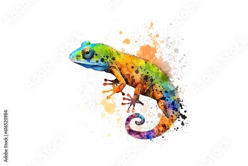 Fototapeta chameleon drawn with colored watercolors isolated on a white background. Generated by AI.