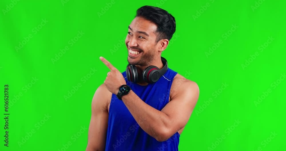 Fitness, pointing and man in a studio with green screen for marketing, promotion or advertising. Sports, athlete and portrait of a happy male person with a presenting gesture by chroma key background Fitness, pointing and man in a studio with green screen for marketing, promotion or advertising. Sports, athlete and portrait of a happy male person with a presenting gesture by chroma key background
