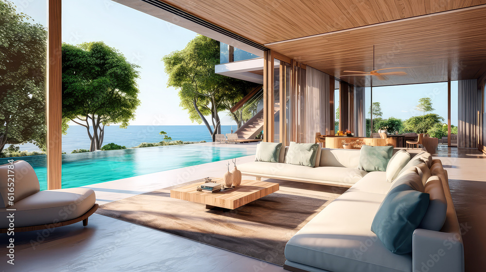 3D render, Modern Interior and pool villa Concept: Embracing the Timeless Elegance and Tranquility of Aesthetics, Creating a Harmonious Fusion of Indoor and Outdoor Spaces