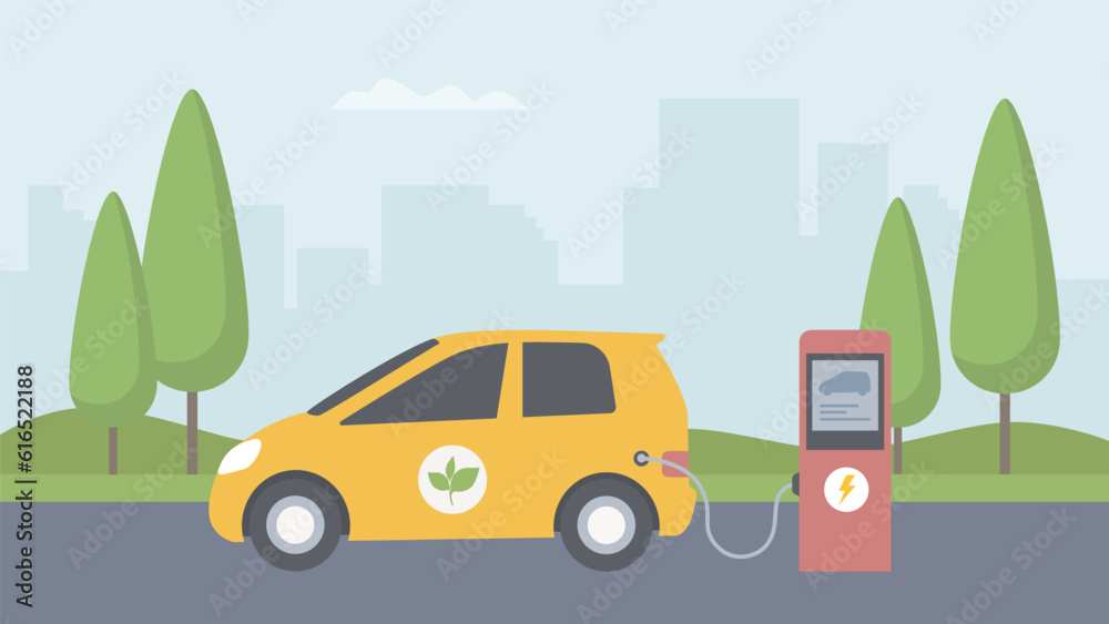 Electric car on charge vector. Environmentally friendly transport. Modern illustration. 