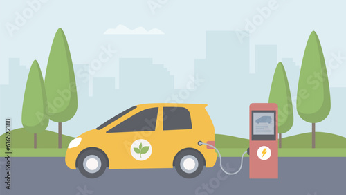 Fototapeta Naklejka Na Ścianę i Meble -  Electric car on charge vector. Environmentally friendly transport. Modern illustration. 