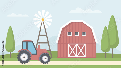 Agroculture development, farming concept. Tractor on the rarm next to the hangar. Modern vector illustration. 
