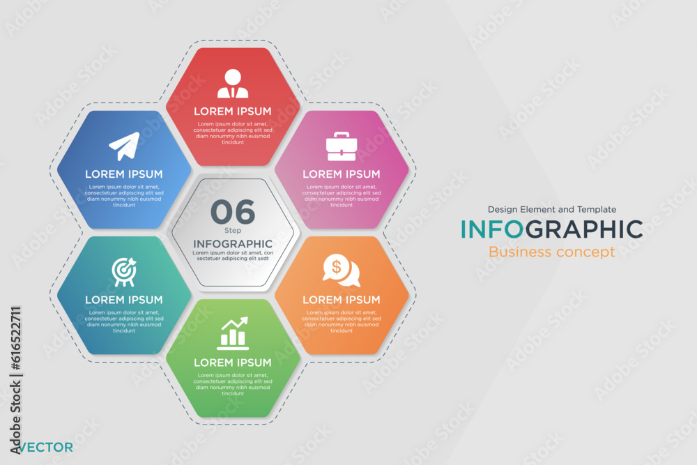 infographic business concept. Honeycomb Text Box 6 step Design Element and Template on Background Gray Color Mode. In Vector