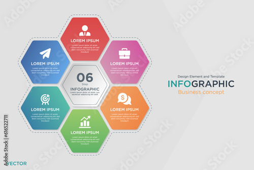 infographic business concept. Honeycomb Text Box 6 step Design Element and Template on Background Gray Color Mode. In Vector