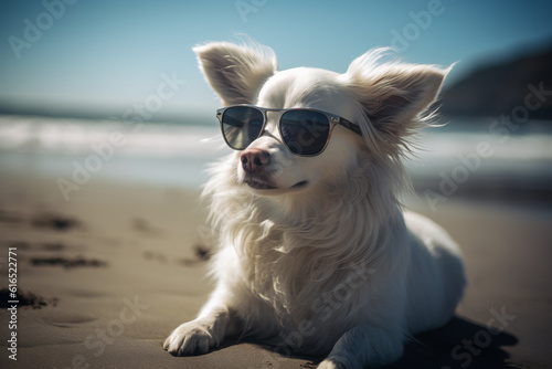 dog on the beach wearing sunglasses, generative ai. © William