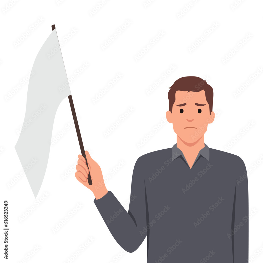 Man with white flag gives up, admitting own defeat due to lack of strength and motivation to fight and achieve goals. Flat vector illustration isolated on white background Man with white flag gives up, admitting own defeat due to lack of strength and motivation to fight and achieve goals. Flat vector illustration isolated on white background
