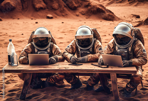 Fotografia three astronauts working on laptops in a desert