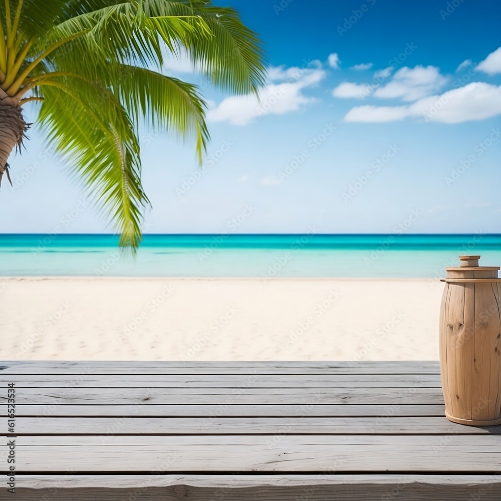 Empty wooden table with pot of water, workspace beach background generative Ai Empty wooden table with pot of water, workspace beach background generative Ai