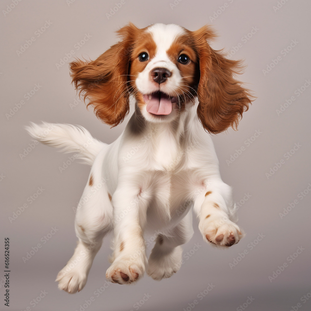 Spaniel little puppy happy jumping at studio, AI generative Spaniel little puppy happy jumping at studio, AI generative