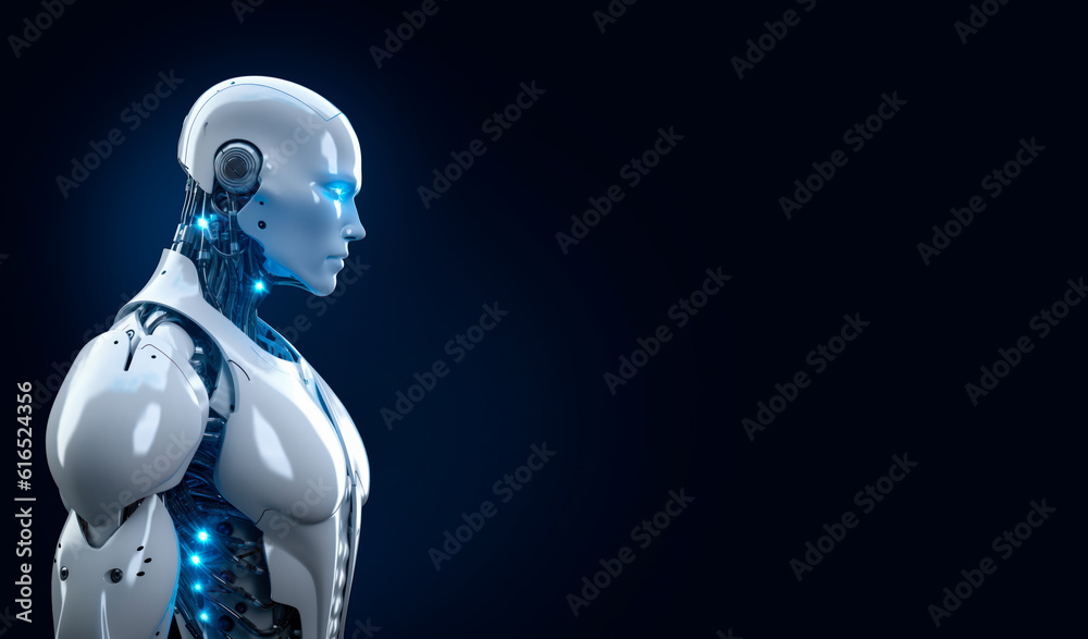 A robotic android against a black background, meditating about the near future. the game changer: The artificial intelligence revolution and its influence on the world.copy space,Generative AI	