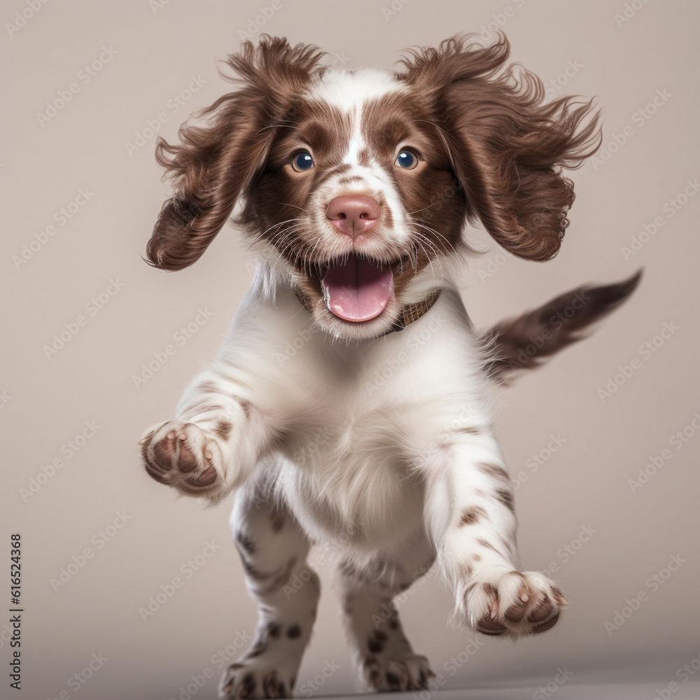 Spaniel little puppy happy jumping at studio, AI generative Spaniel little puppy happy jumping at studio, AI generative