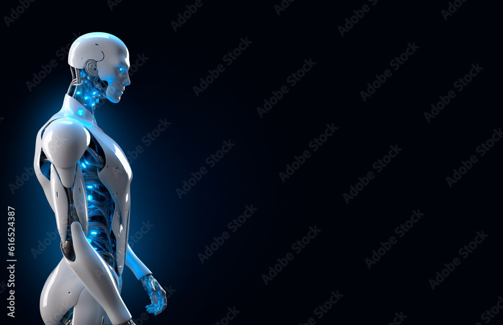 A robotic android against a black background, meditating about the near future. the game changer: The artificial intelligence revolution and its influence on the world.copy space,Generative AI