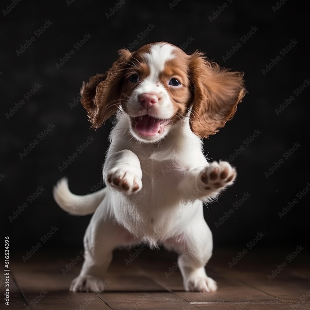 Spaniel little puppy happy jumping at studio, AI generative