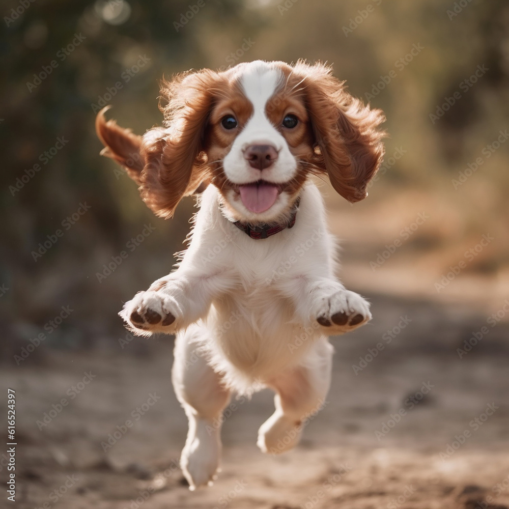 Spaniel little puppy happy jumping outdoor, AI generative