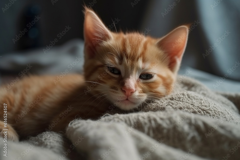 Cute ginger kitten sleeps sweetly at home on sofa wrapped in a blanket, AI generative