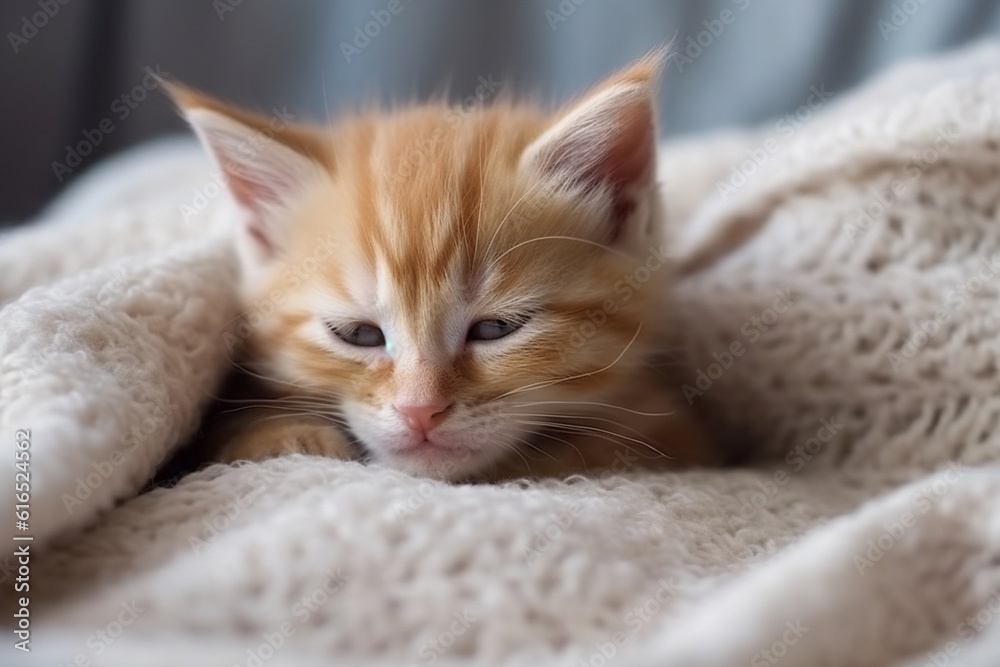 Obraz premium Cute ginger kitten sleeps sweetly at home on sofa wrapped in a blanket, AI generative