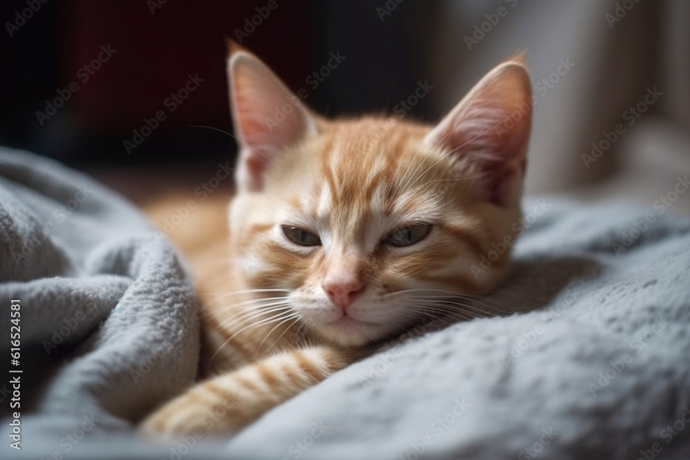 Cute ginger kitten sleeps sweetly at home on sofa wrapped in a blanket, AI generative