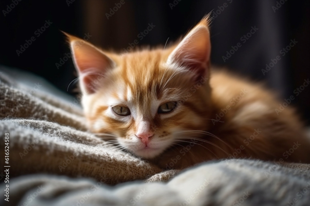 Cute ginger kitten sleeps sweetly at home on sofa wrapped in a blanket, AI generative