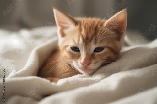 Cute ginger kitten sleeps sweetly at home on sofa wrapped in a blanket, AI generative