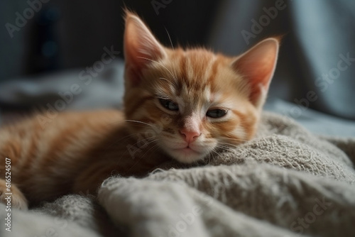 Cute ginger kitten sleeps sweetly at home on sofa wrapped in a blanket, AI generative © Khorzhevska