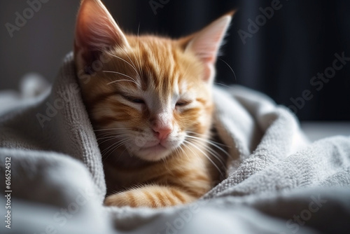 Cute ginger kitten sleeps sweetly at home on sofa wrapped in a blanket, AI generative