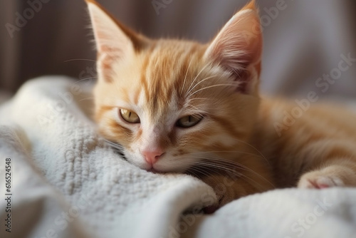 Cute ginger kitten sleeps sweetly at home on sofa wrapped in a blanket, AI generative © Khorzhevska