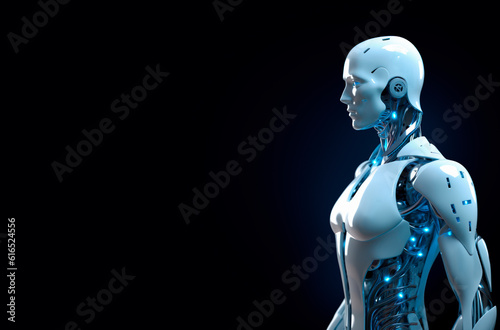 A humanoid robot against a black background pondering about the near future: The technological revolution led by artificial intelligence, copy space,Generative AI