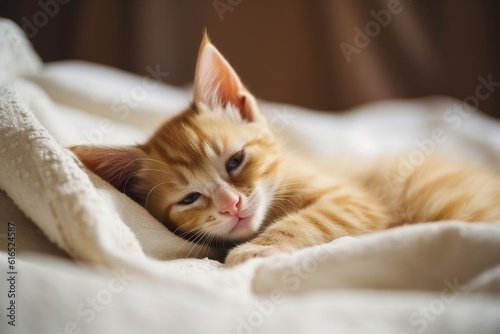 Cute ginger kitten sleeps sweetly at home on sofa wrapped in a blanket, AI generative