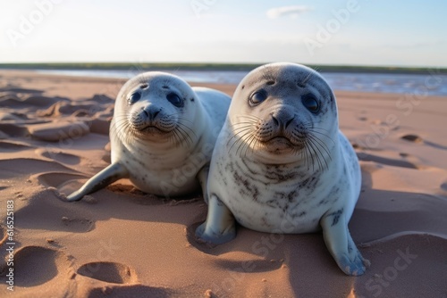 Baby seals on the beach created with generative AI technology. photo