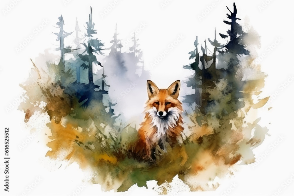 Watercolor of a fox in a forest on a white background created with ...