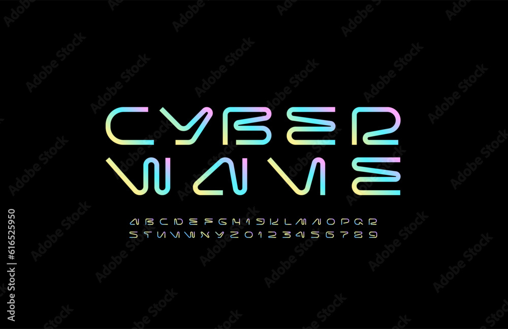 Technical wide thin future font, digital cyber alphabet, trendy original uppercase letters from A to Z and numbers from 0 to 9 for interface design, vector illustration 10EPS